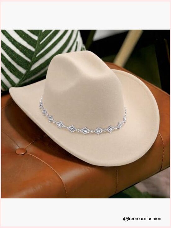 Rhinestone Cowboy Hat Wide Brim Felt Fedora Unisex Rolled Up Caps main image 7